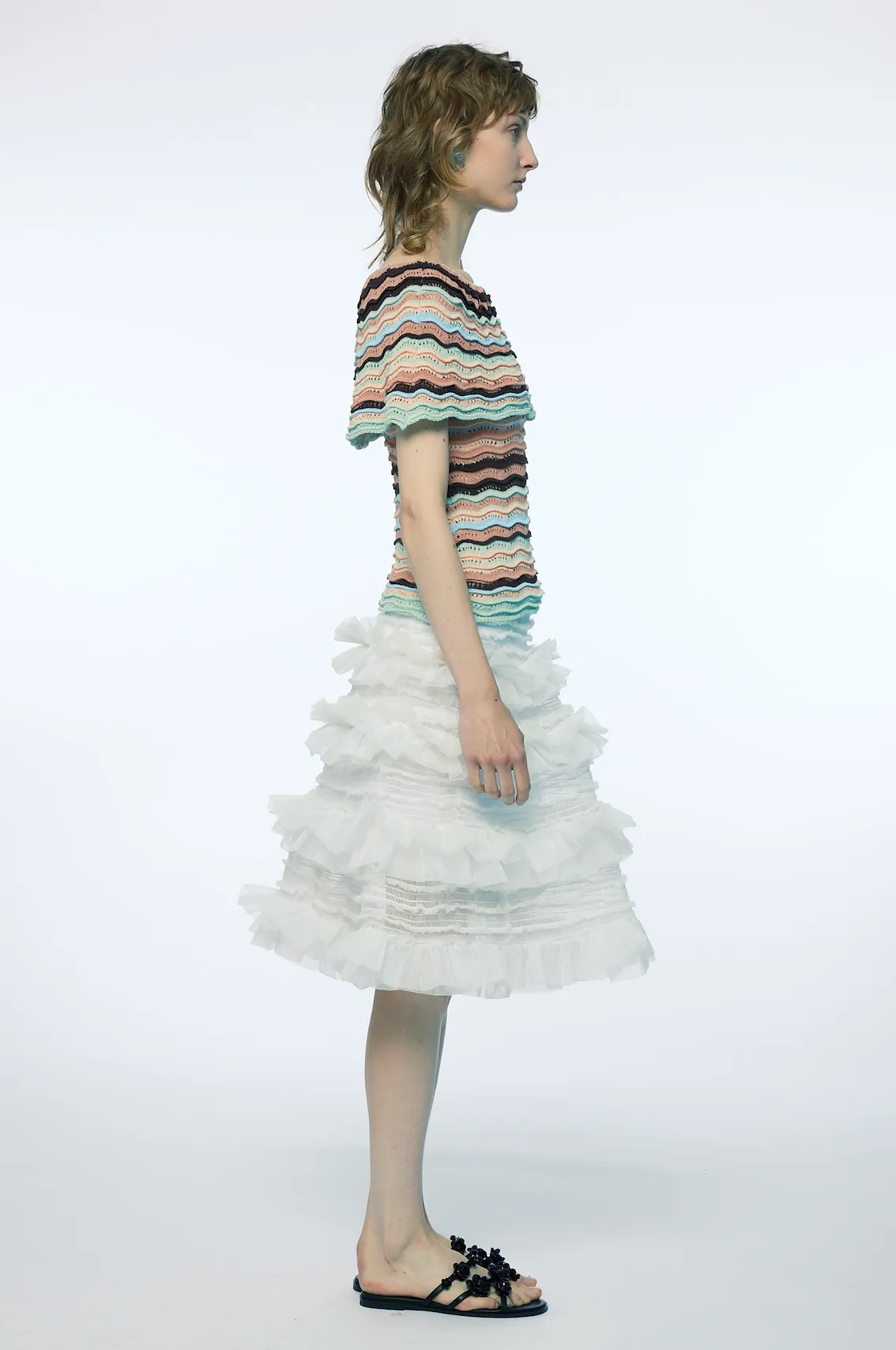 SHIRRED TIERED RUFFLE SHEER MIDI SKIRT