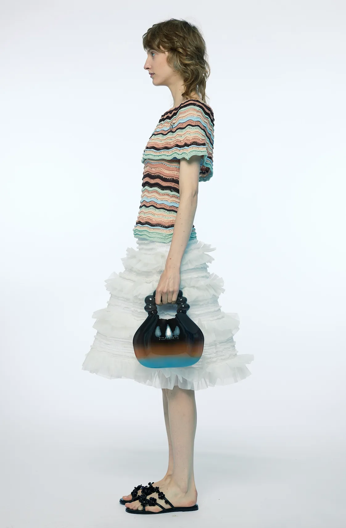 SHIRRED TIERED RUFFLE SHEER MIDI SKIRT