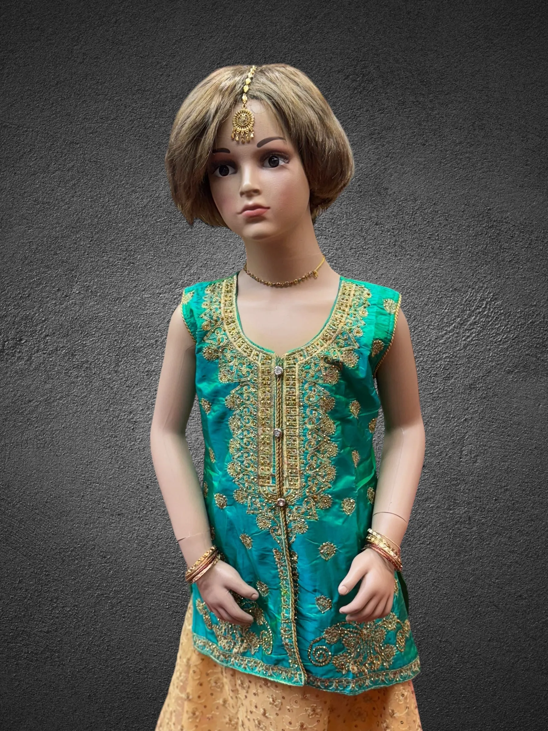 Silk Embroidered Iridescent Green Kids Lehenga Set