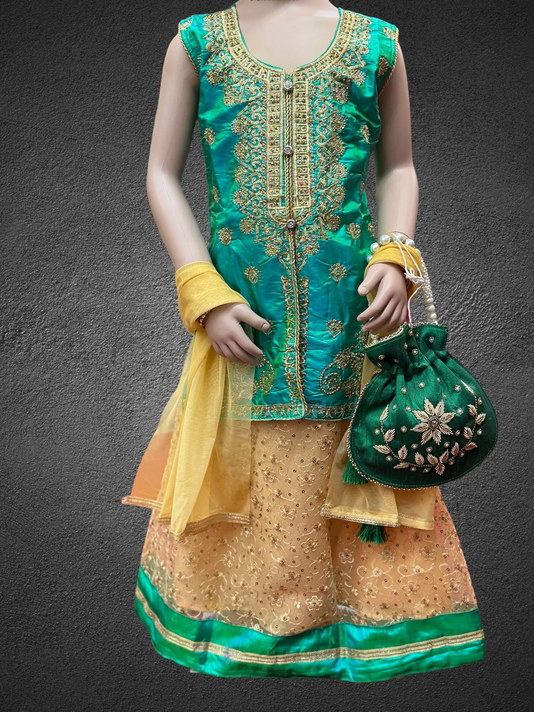 Silk Embroidered Iridescent Green Kids Lehenga Set