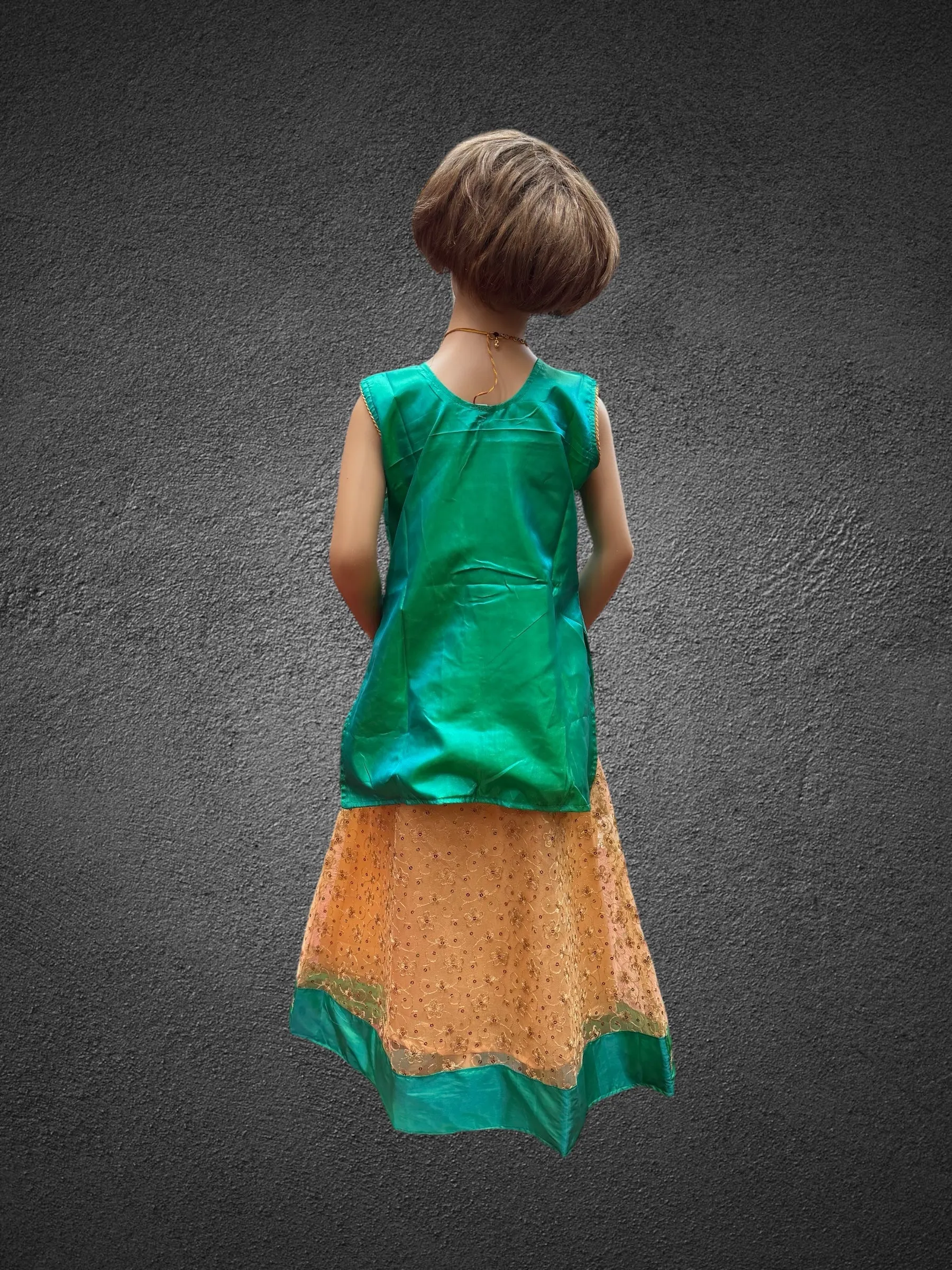 Silk Embroidered Iridescent Green Kids Lehenga Set