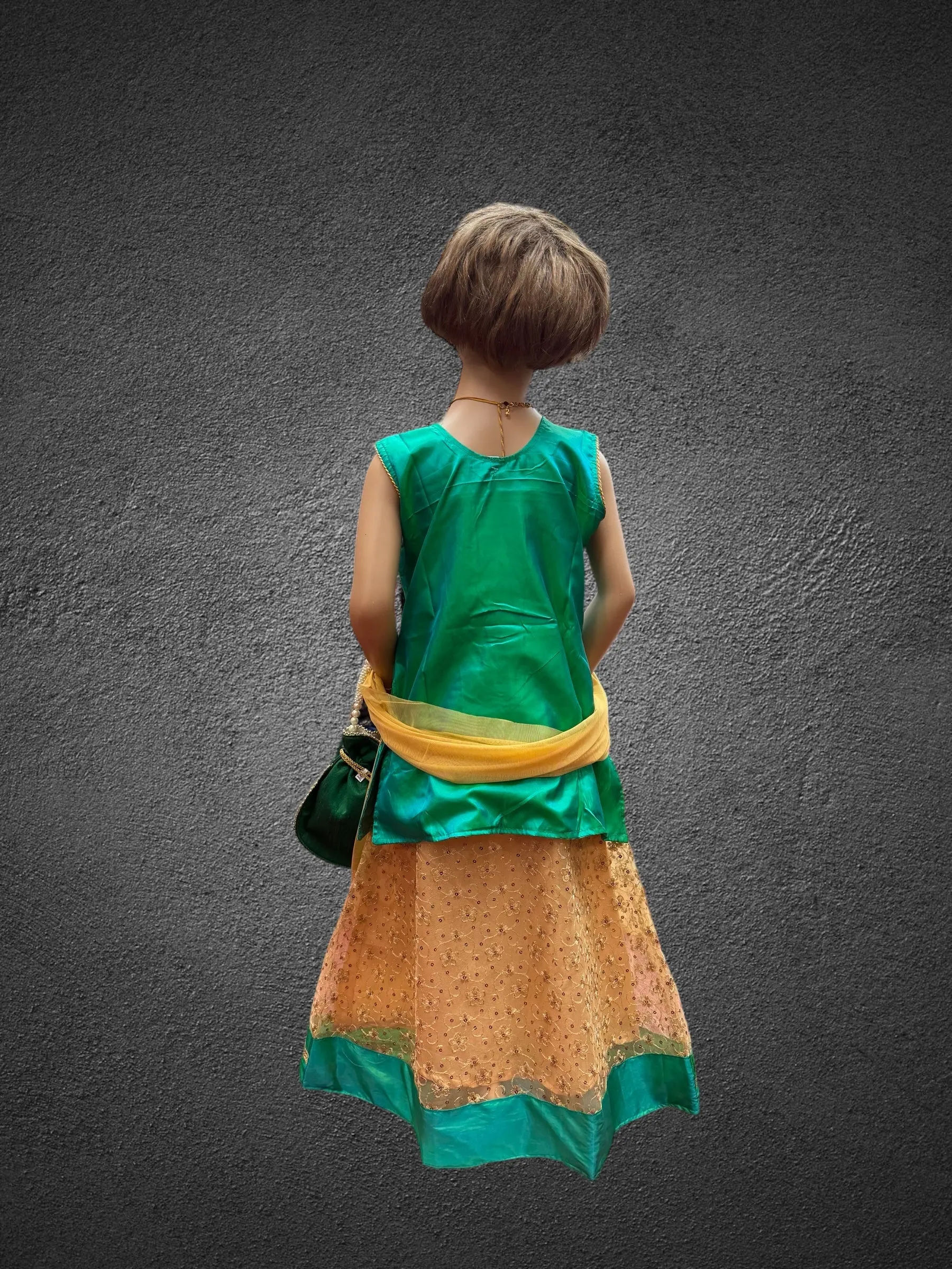 Silk Embroidered Iridescent Green Kids Lehenga Set