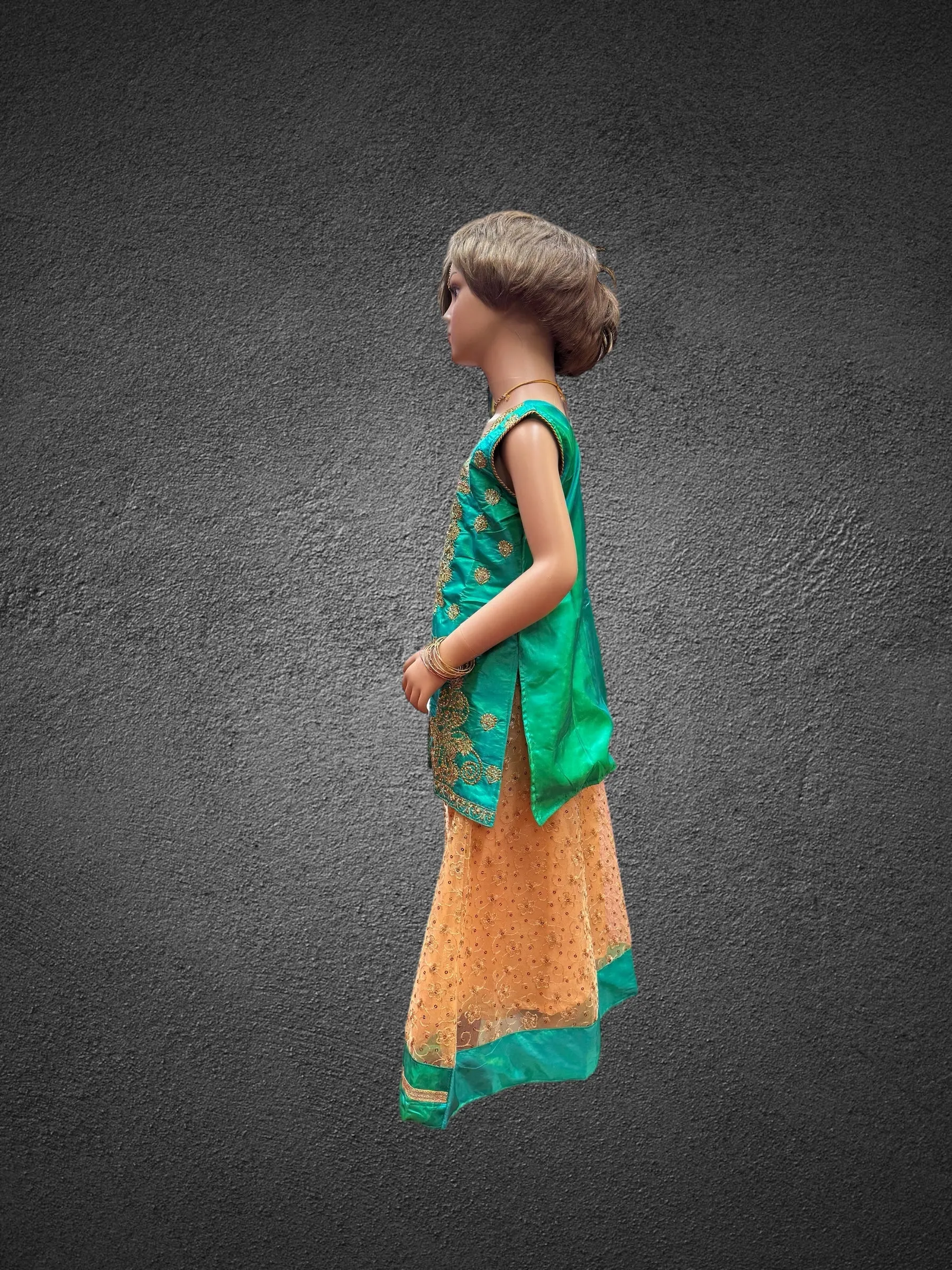 Silk Embroidered Iridescent Green Kids Lehenga Set
