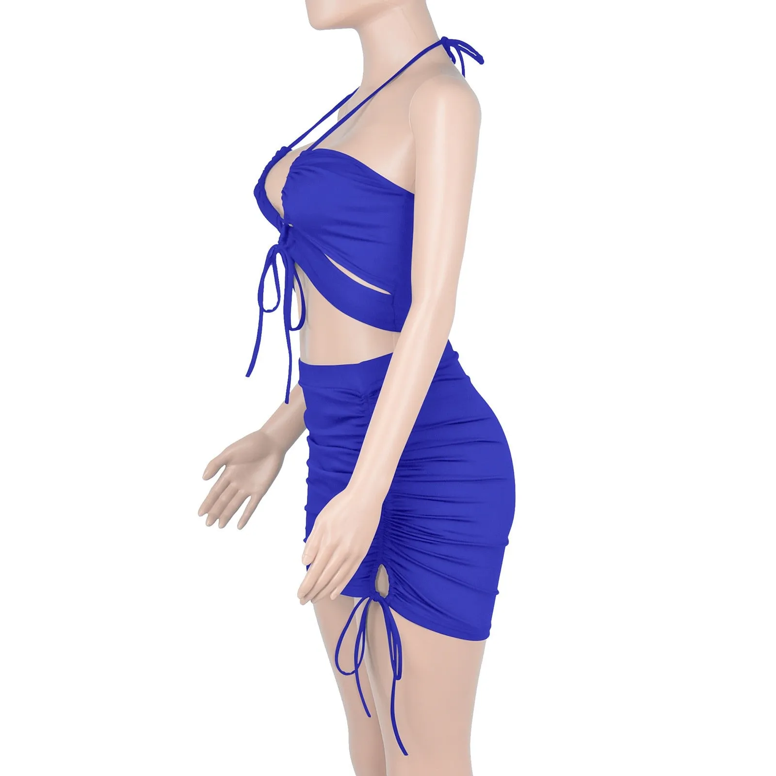 Two Piece Halter Top Drawstring Side Skirt