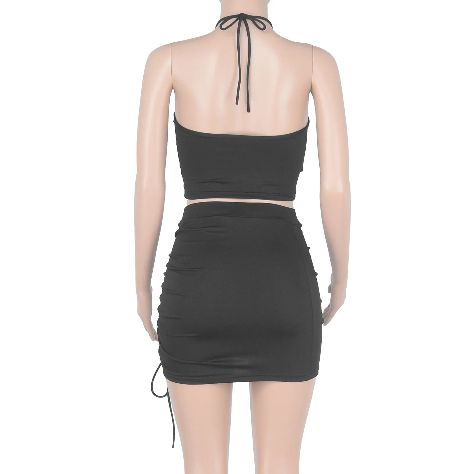 Two Piece Halter Top Drawstring Side Skirt