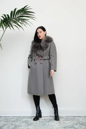 Vintage Wool Grey Trench Coat with Fox Fur Collar Princess Coat