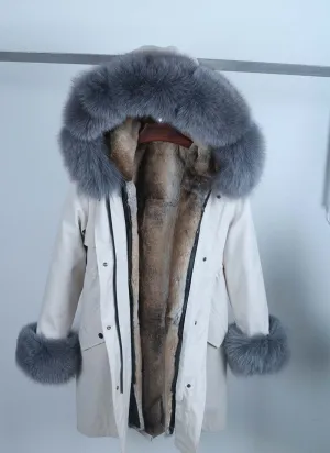 Women's Winter Casual Hooded Waterproof Parka With Rabbit Fur