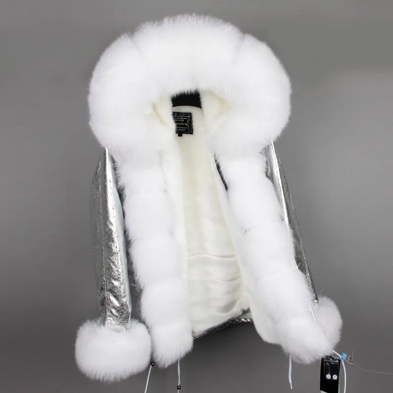 Women's Winter Casual Short Polyester Slim Parka With Fox Fur