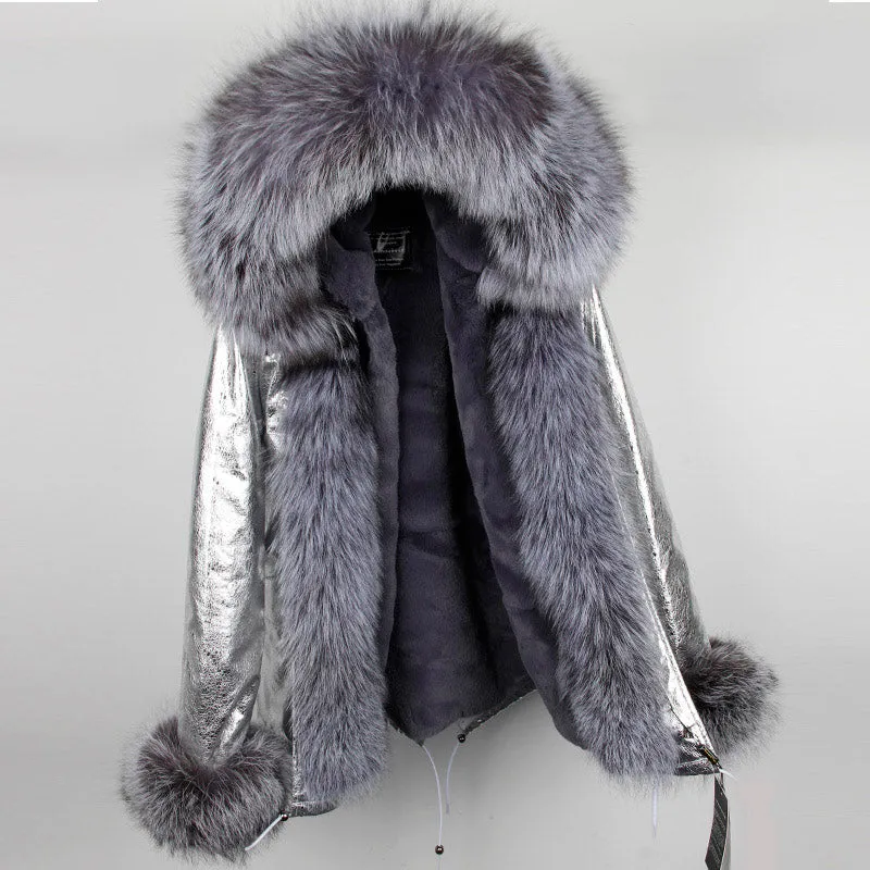 Women's Winter Casual Short Polyester Slim Parka With Fox Fur