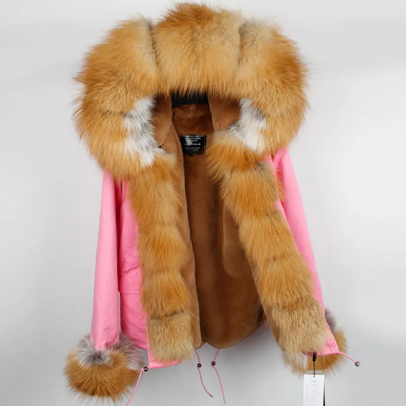 Women's Winter Casual Short Polyester Slim Parka With Fox Fur
