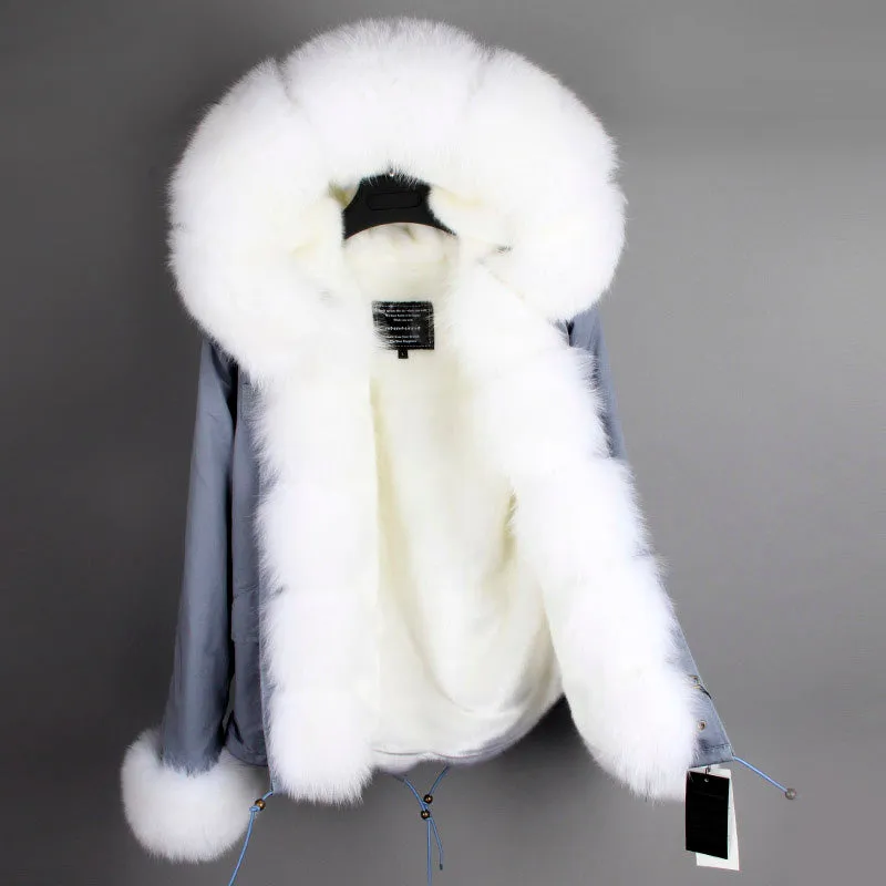 Women's Winter Casual Short Polyester Slim Parka With Fox Fur