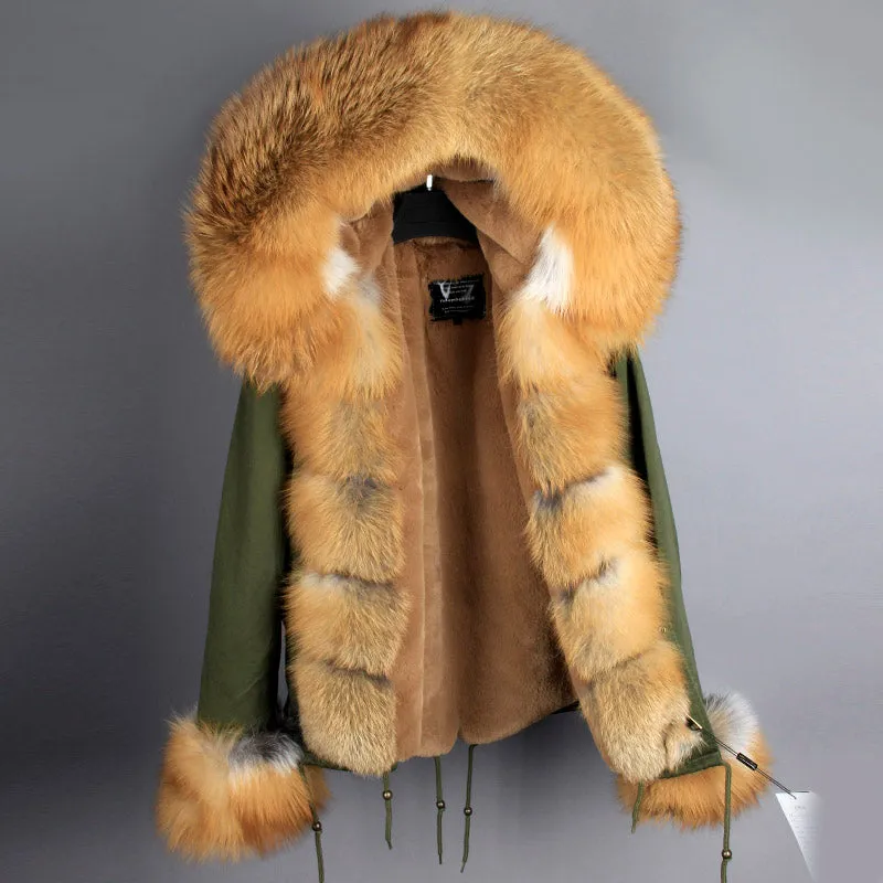 Women's Winter Casual Short Polyester Slim Parka With Fox Fur