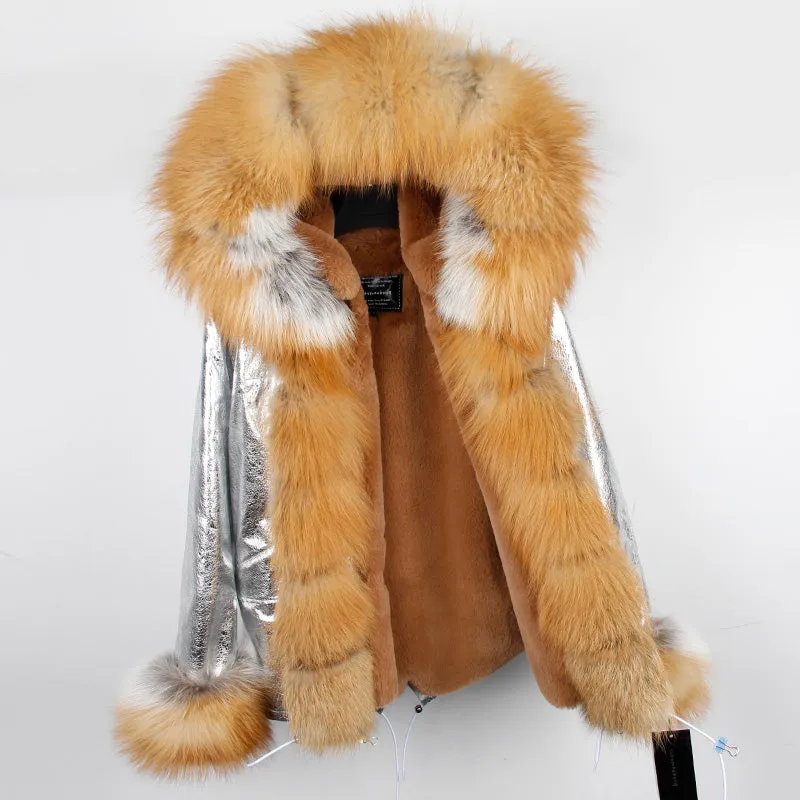 Women's Winter Casual Short Polyester Slim Parka With Fox Fur