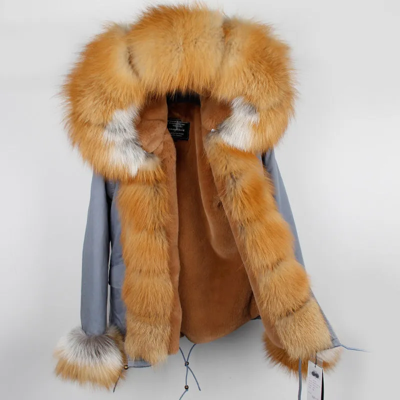 Women's Winter Casual Short Polyester Slim Parka With Fox Fur
