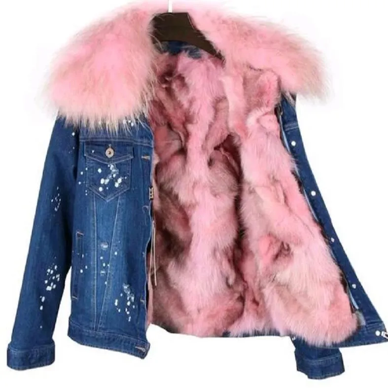 Women's Winter Casual Slim Denim Parka With Raccoon Fur