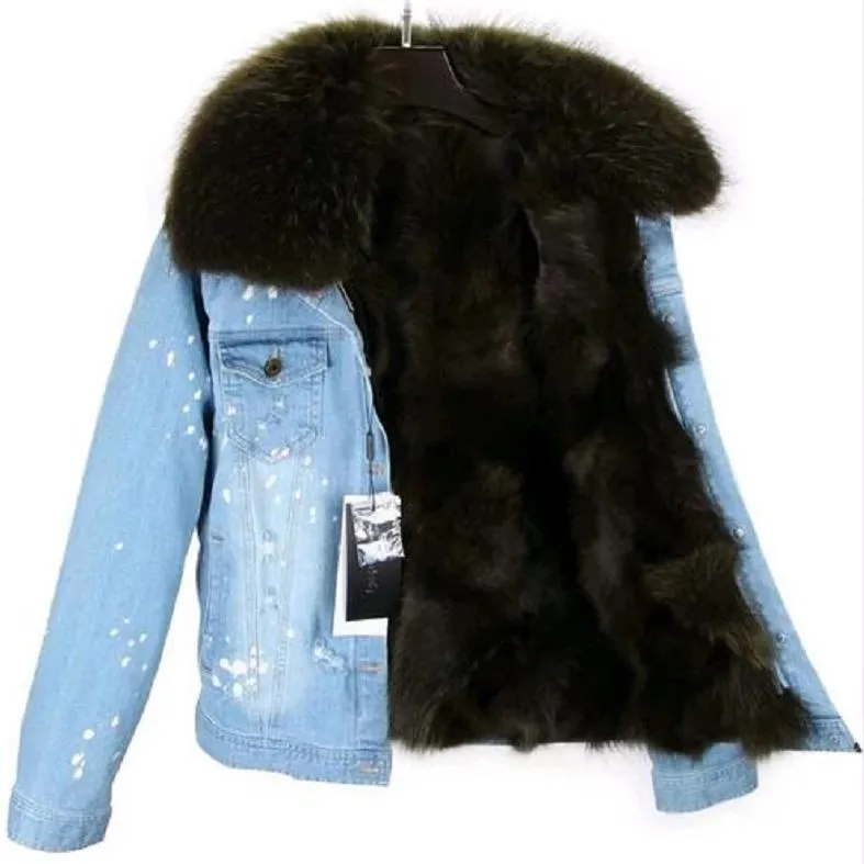 Women's Winter Casual Slim Denim Parka With Raccoon Fur