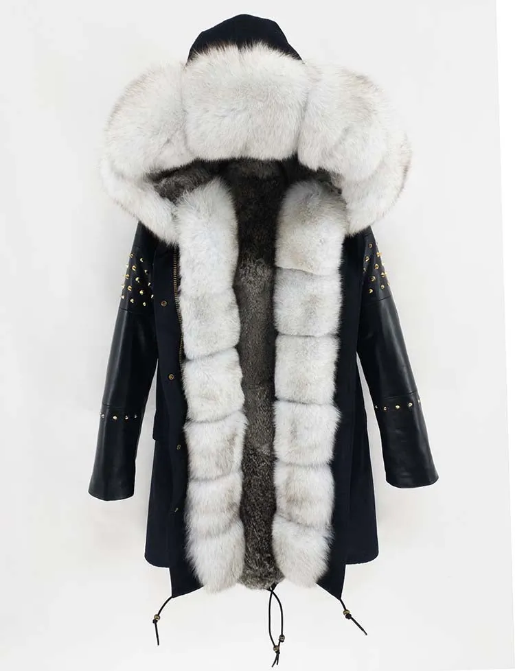 Women's Winter Casual Slim Genuine Leather Parka With Fox Fur