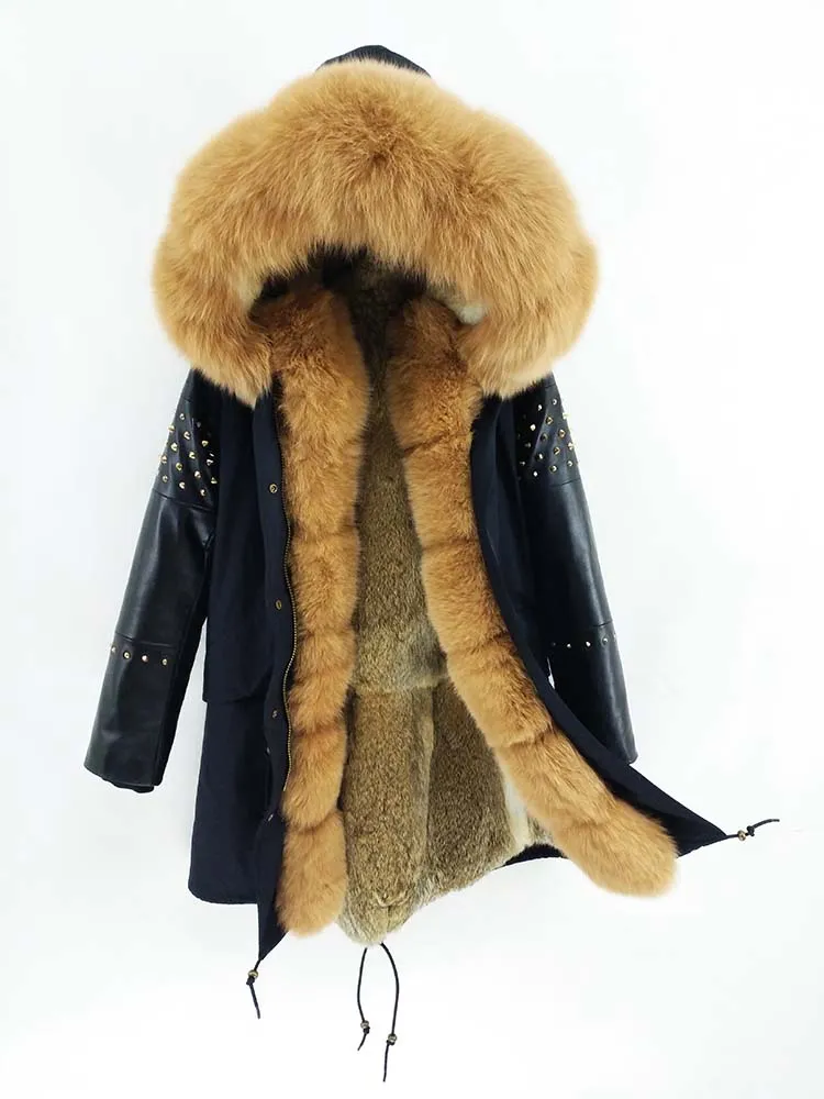 Women's Winter Casual Slim Genuine Leather Parka With Fox Fur