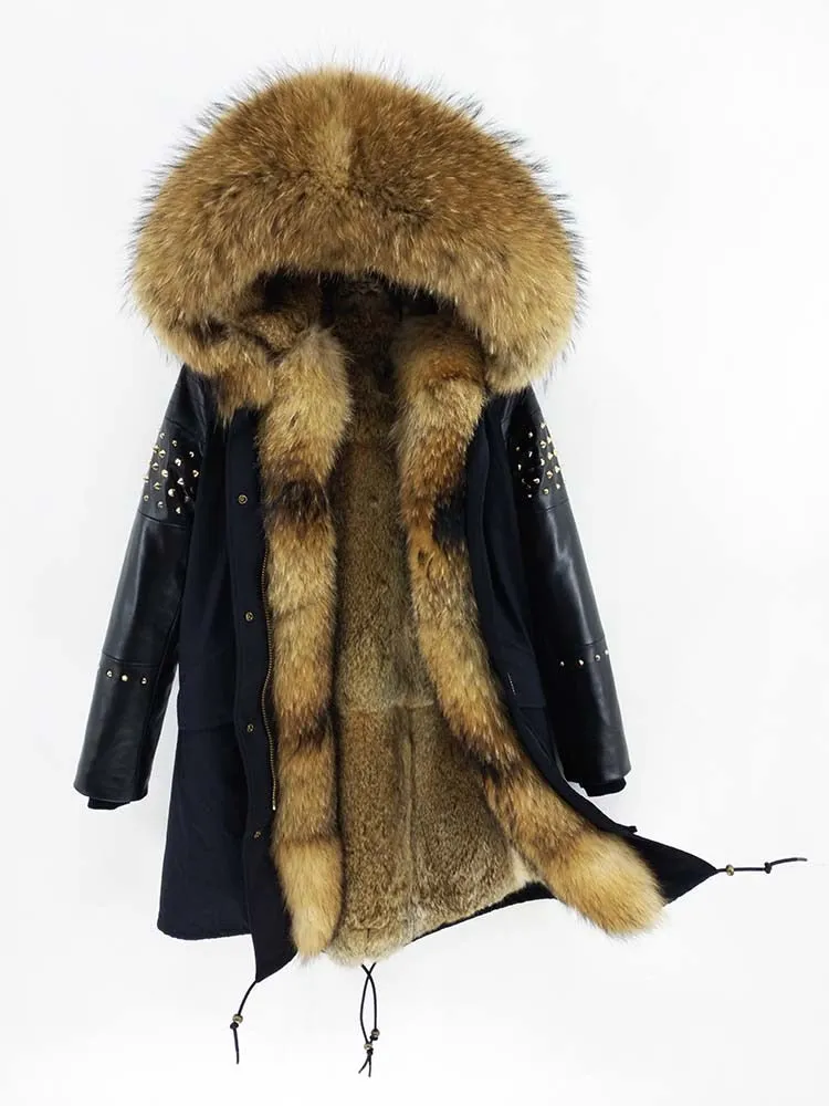 Women's Winter Casual Slim Genuine Leather Parka With Fox Fur