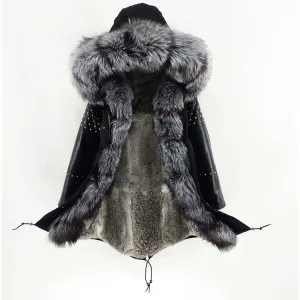 Women's Winter Casual Slim Genuine Leather Parka With Fox Fur