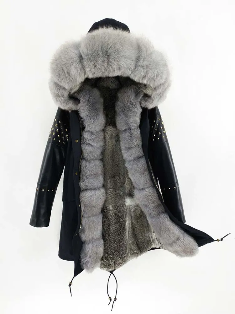 Women's Winter Casual Slim Genuine Leather Parka With Fox Fur