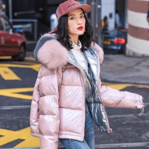 Women's Winter Hooded Glossy Short Parka With Pockets