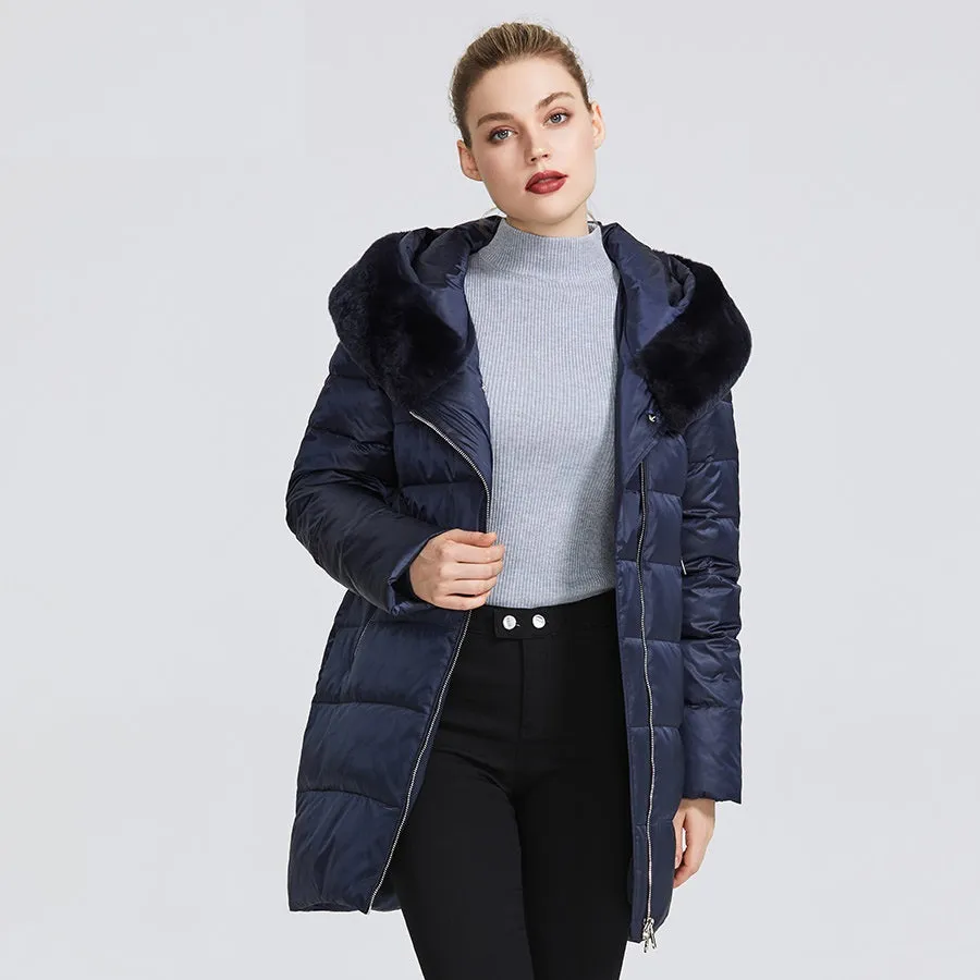 Women's Winter Windproof Hooded Parka With Rabbit Fur