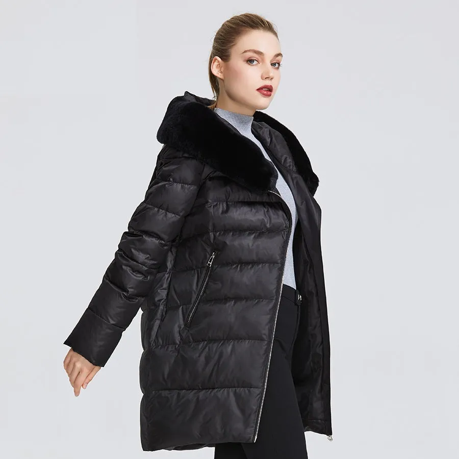 Women's Winter Windproof Hooded Parka With Rabbit Fur
